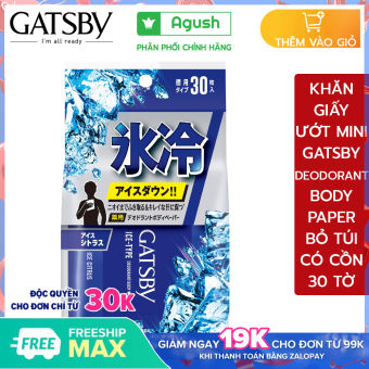 Khăn giấy ướt mini bỏ túi bịch nhỏ có cồn Gatsby Ice-type Deodorant Body Wipes gói nhỏ 30 tờ giá rẻ diệt khuẩn tẩm cồn kháng khuẩn lau cơ thể đem theo du lịch tiện lợi thơm mùi bạc hà mát lạnh