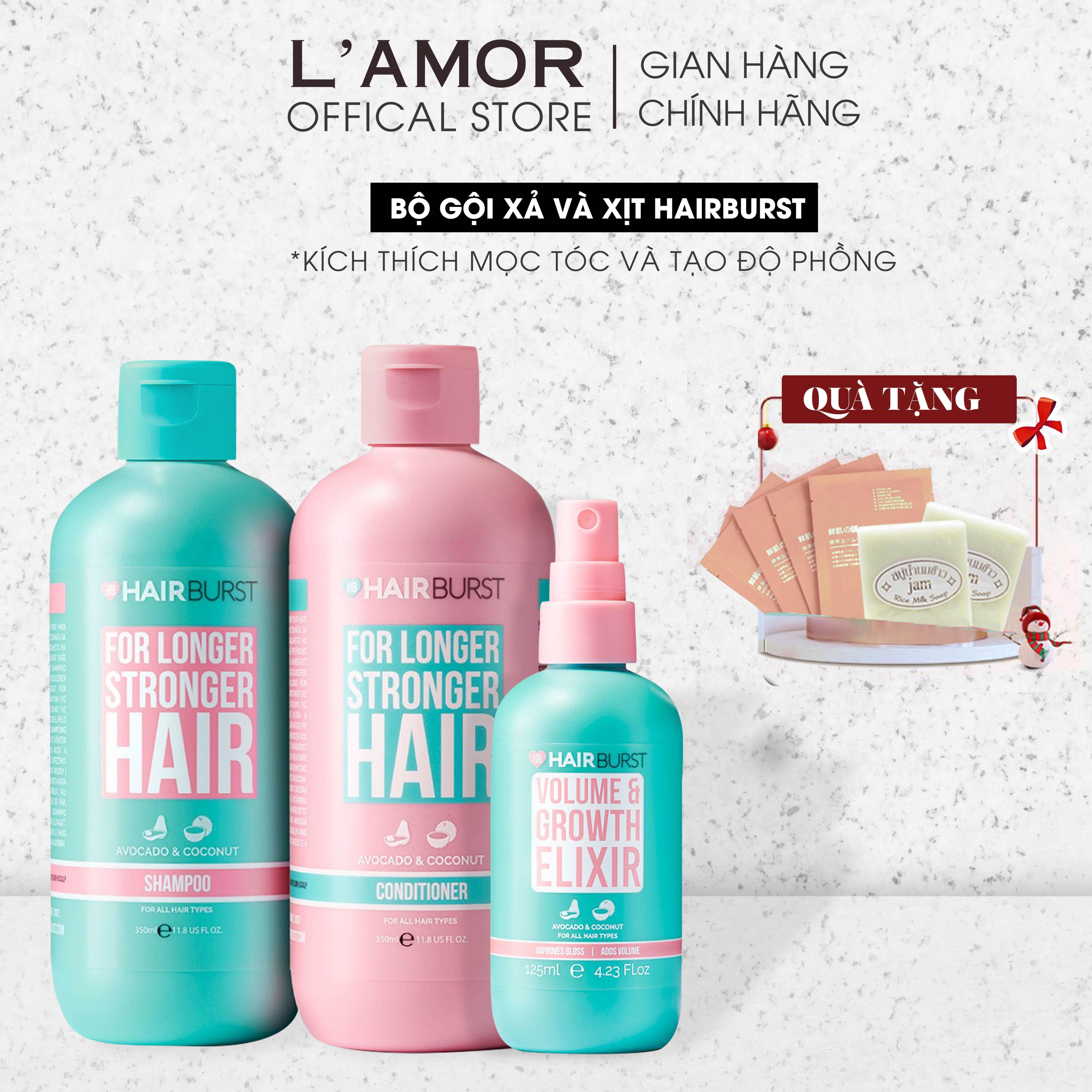 Combo Set Gội Xả 350 ML + Xịt Dưỡng Tóc HairBurst Volume And Growth Elixir Chiết Xuất Bơ Và Dừa 125 ML Kích Thích Mọc Tóc