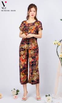 Bộ đồ nữ mặc nhà trung niên cho các bà, các mẹ - Bộ đồ ngủ Tole (lanh) - Bộ mặc nhà trung niên vải lanh (tole) Vicci BGS.082, thiết kế áo cộc tay phối quần ống sớ in hoạ tiết (Màu 24-25-26-28)