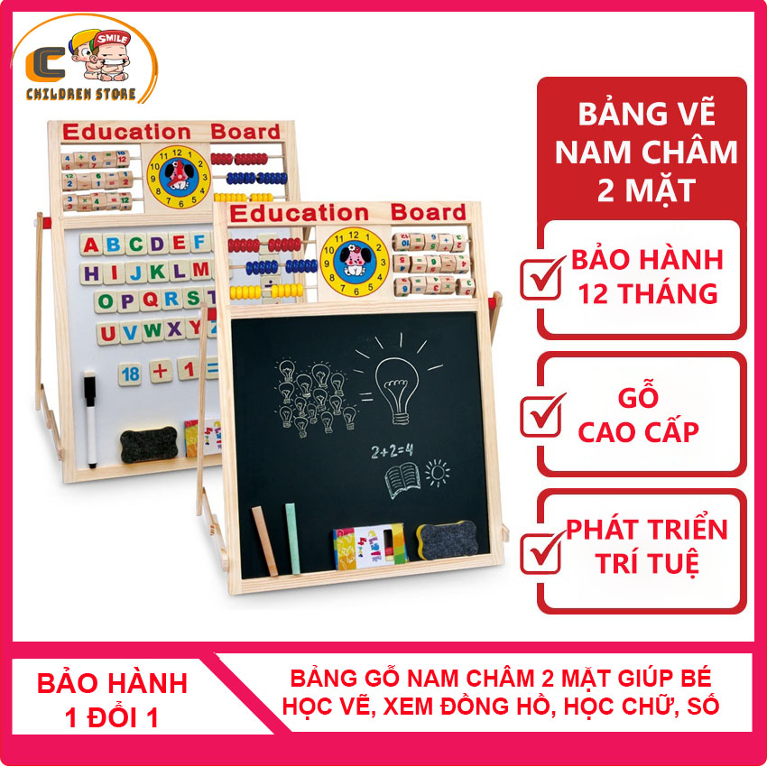 Bảng viết chữ cái và số nam châm 2 mặt bằng gỗ giúp bé học vẽ học chữ cái học số học xem đồng hồ học phép tính học đếm Children Store chất liệu gỗ cao cấp bảng to chắc chắn [TẶNG] Bộ bút dạ tẩy phấn màu