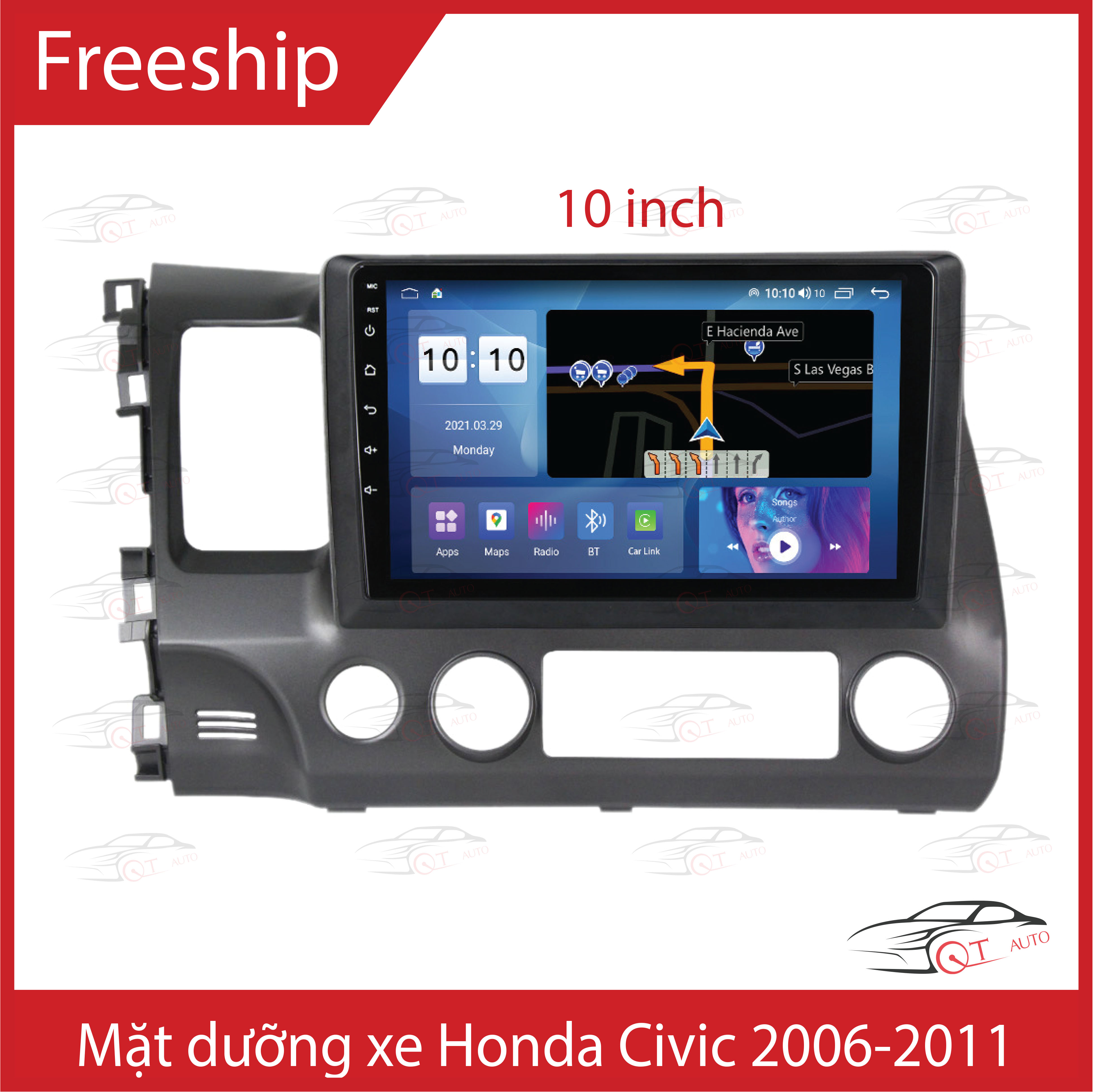 Mặt dưỡng xe honda civic 2006-2011; mặt nạ ô tô honda civic 2006-2011; mặt dưỡng lắp màn 10inch cho oto honda civic 2006-2011; honda civic 2006-2011