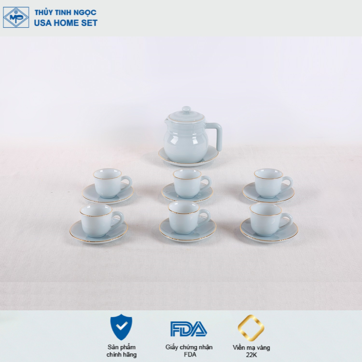 Bộ ấm tách trà các màu viền vàng 22K Luxury Thủy Tinh Ngọc USA Home Set cao cấp, hàng nhập khẩu và phân phối độc quyền tại Việt Nam