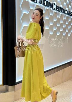 Đầm khoét eo chéo cổ tay ngắn phồng dáng dài, Váy cổ chéo tay bồng cutout eo nhún thun, Đầm nữ tay phồng cut out eo cổ chéo trễ vai ba màu cơ bản