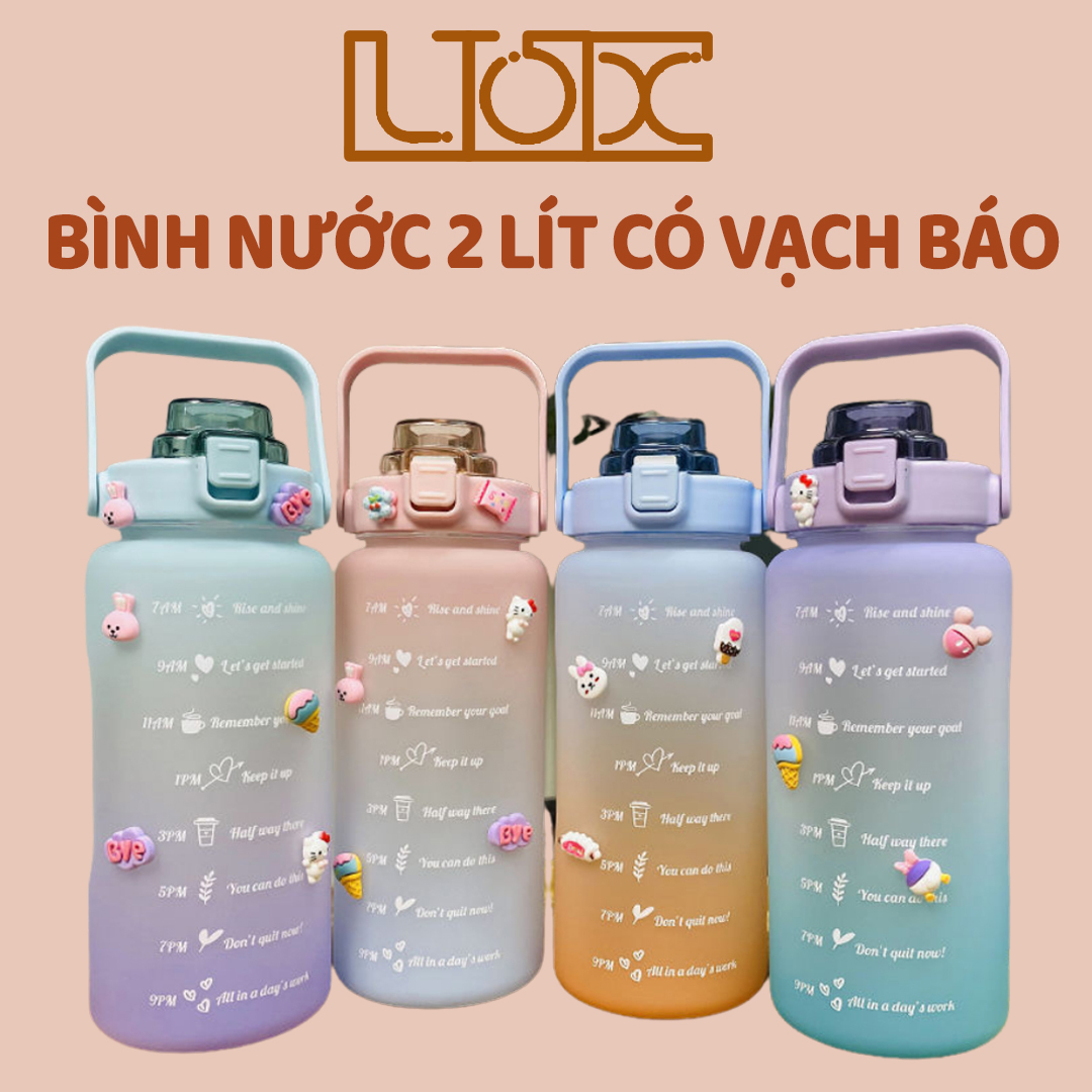 Bình nước 2 lít có vạch báo sticker 3D nhắc nhở uống nước Lox Store