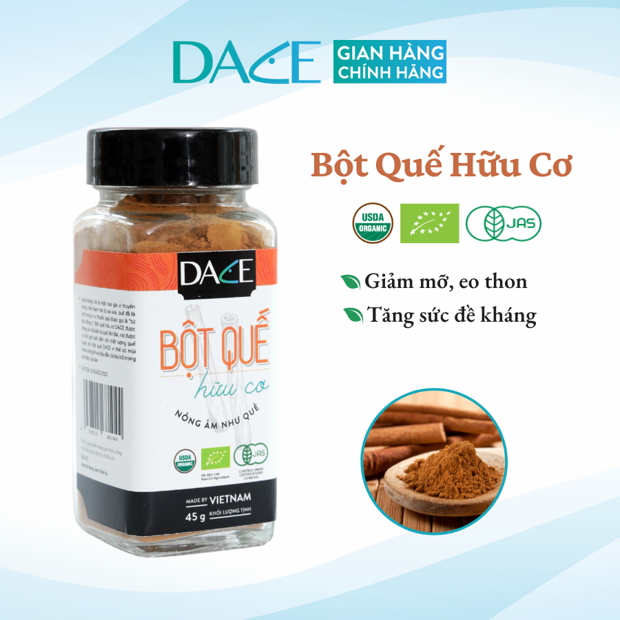 Bột quế hữu cơ dace 45gr - tiêu chuẩn mỹ usda, eu, nhật jas - lọ thủy tinh dễ bảo quản