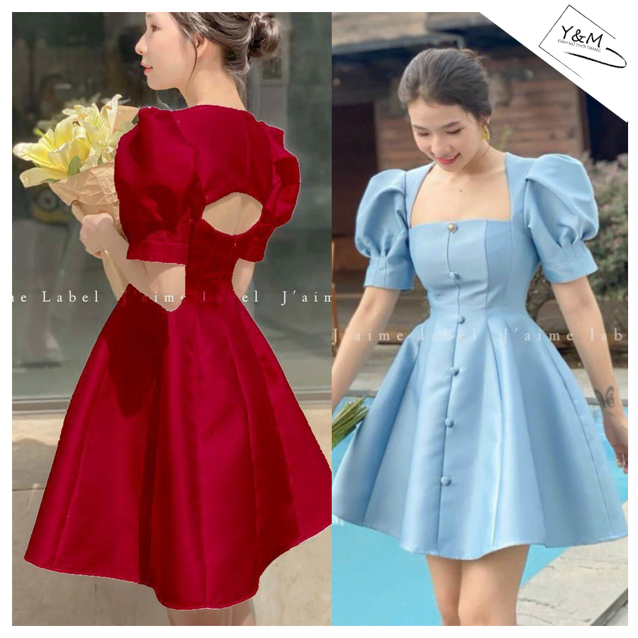 Đầm nữ dáng xòe tay phồng tiểu thư đính nút freeship đầm công chúa hở lưng có mút ngực