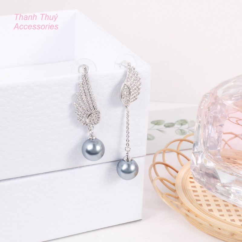 Bông tai nữ ngọc trai đính đá cánh thiên thần bất đối xứng