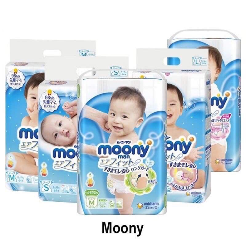 Tã/bỉm moony xanh nhật tiêu chuẩn/ cộng miếng đủ size dán nb90/s84/m64/l54, quần m58/l44/xl38