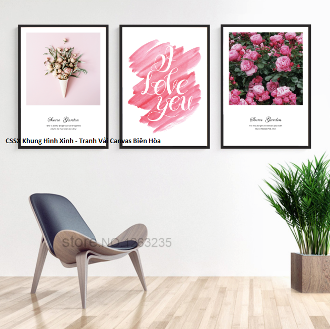 Bộ 3 khung tranh treo tường nghệ thuật in canvas - hoa hồng - kèm khung - size 40x60 cm