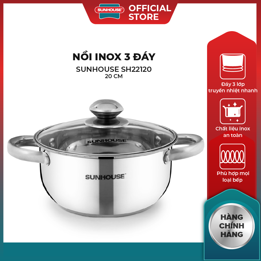 Nồi inox 3 đáy sunhouse sh22120 vung kính trong suốt - dùng được mọi loại bếp
