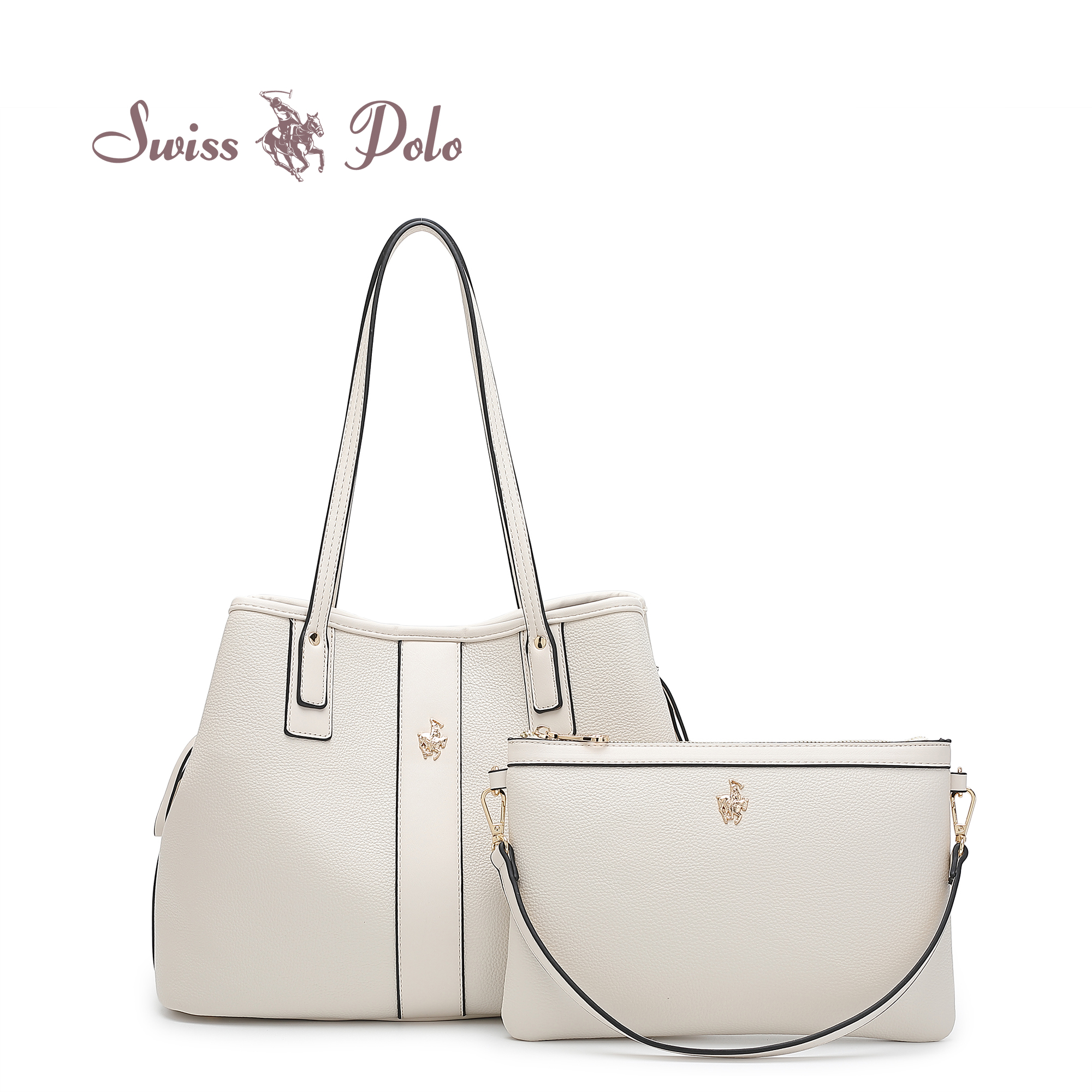 SWISS POLO 2 In 1 Ladies Top Handle Tote Bag With Pouch HFT 7686-5 WHITE