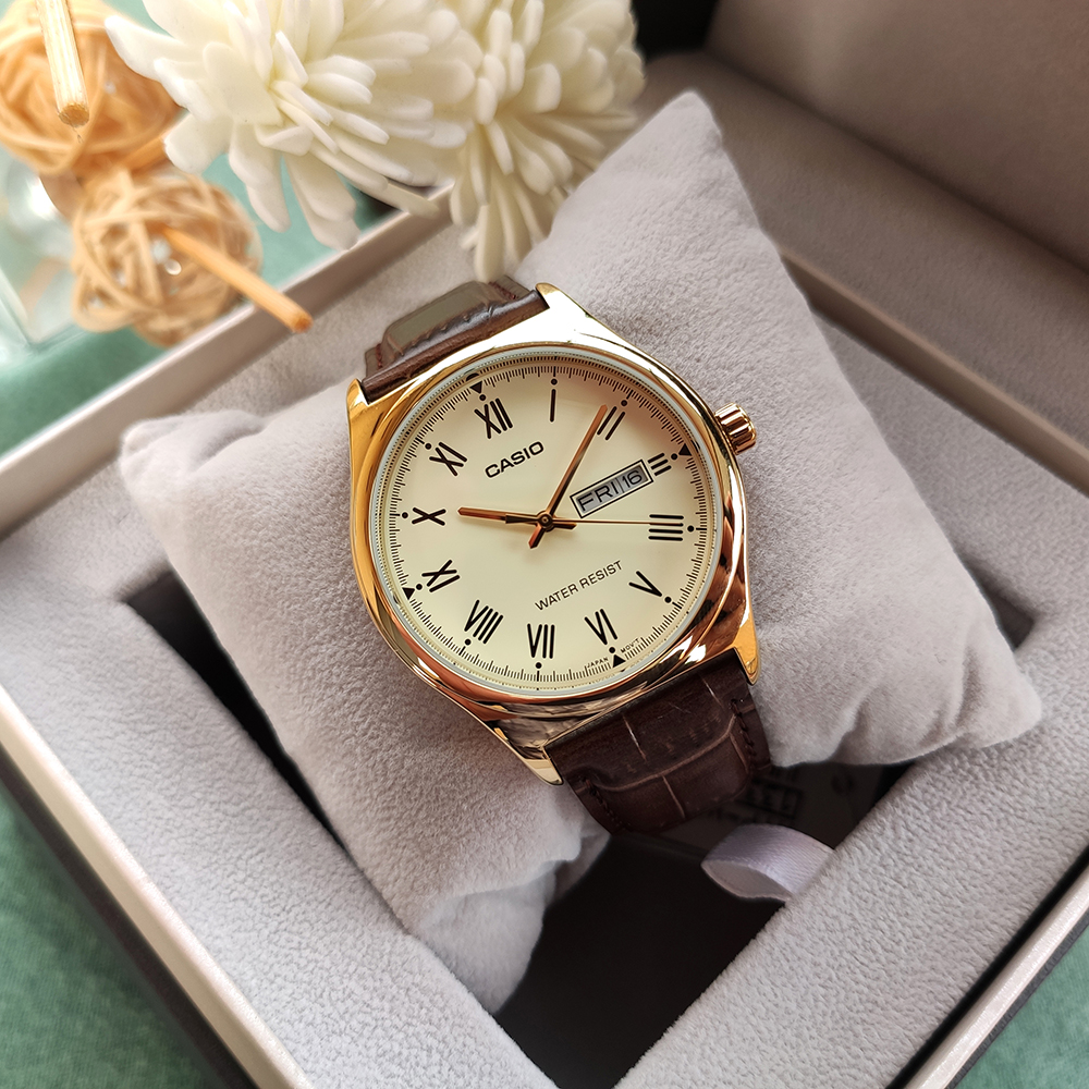 Đồng hồ nam casio mtp-v006gl-9budf chính hãng - dây da - mặt la mã - mạ vàng