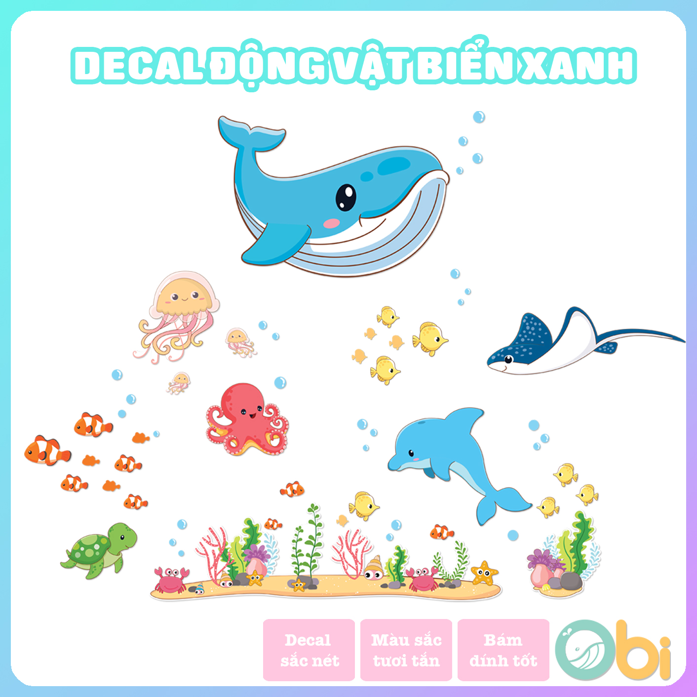Decal dán tường cho bé - Decal động vật biển xanh Obi