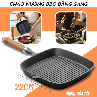 Chảo Gang Nướng Thịt Chống Dính Cao Cấp đường kính 22CM. Chảo Đá Chống Dính Và Chống Gỉ Chắc Chắn, Chảo Gang Nướng Thịt Đa Năng Nướng BBQ, Chảo nướng đá chống dính, chảo đá nướng thịt, chảo gang nướng