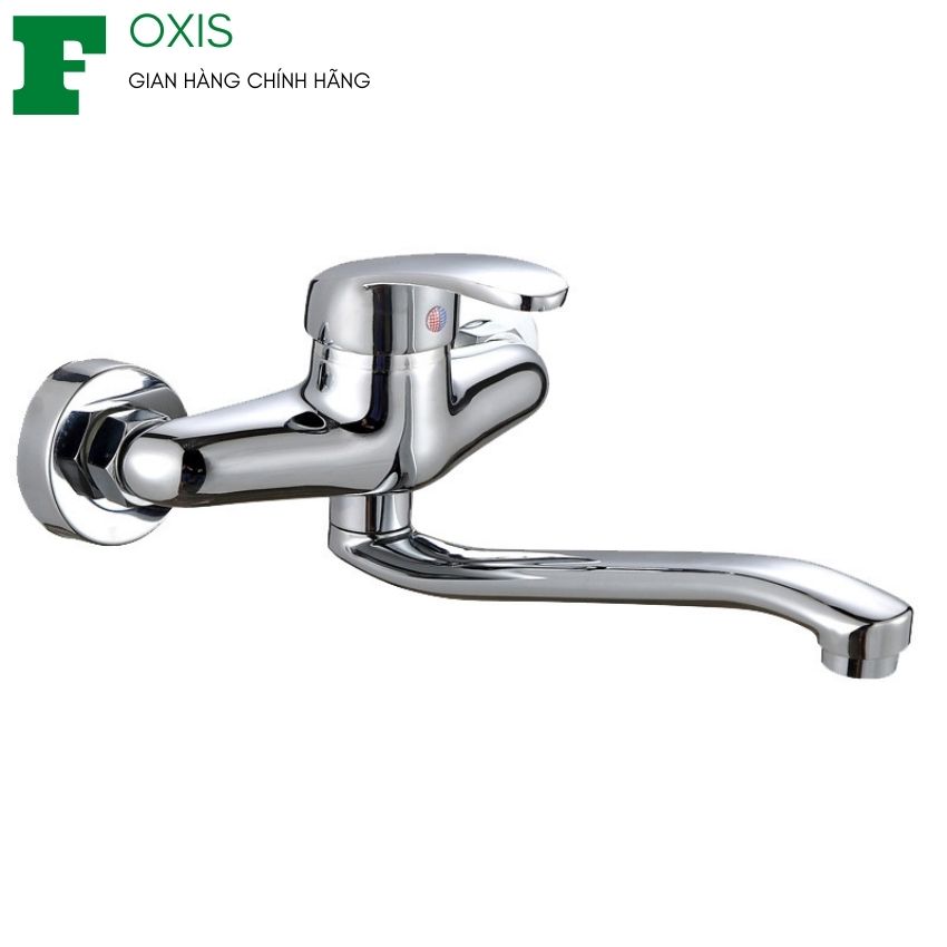 Vòi rửa bát cắm tường nóng lạnh foxis-nt056, ngổng rửa bát cao cấp đồng mạ crome 5 lớp sáng bóng