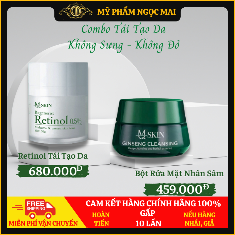 Combo thay da không sưng, không đỏ, kem face retinol 0,5% + bột rửa mặt nhân sâm 100g mq skin chính hãng