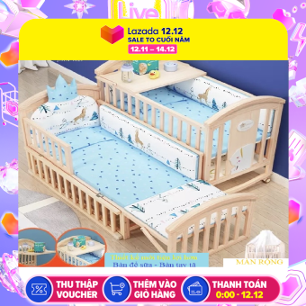 Giường cũi trẻ em 6 chế độ 8 phụ kiện tích hợp bàn để sữa, bàn thay tã tiện lợi - Cũi, màn, khung treo màn, đệm xơ dừa, quây cũi, đệm chần bông, gối đầu, dán icon, bàn thay tã tích hợp để sữa. KAWAII HOME