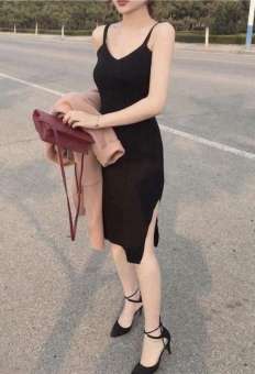Đầm thun body 2 dây xẻ tà - ĐEN