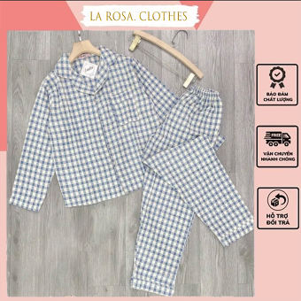 Đồ ngủ nữ mặc nhà dài tay chất đũi nhung, bộ đồ mặc nhà kẻ caro, bộ pyjama dài tay cổ truyền thống