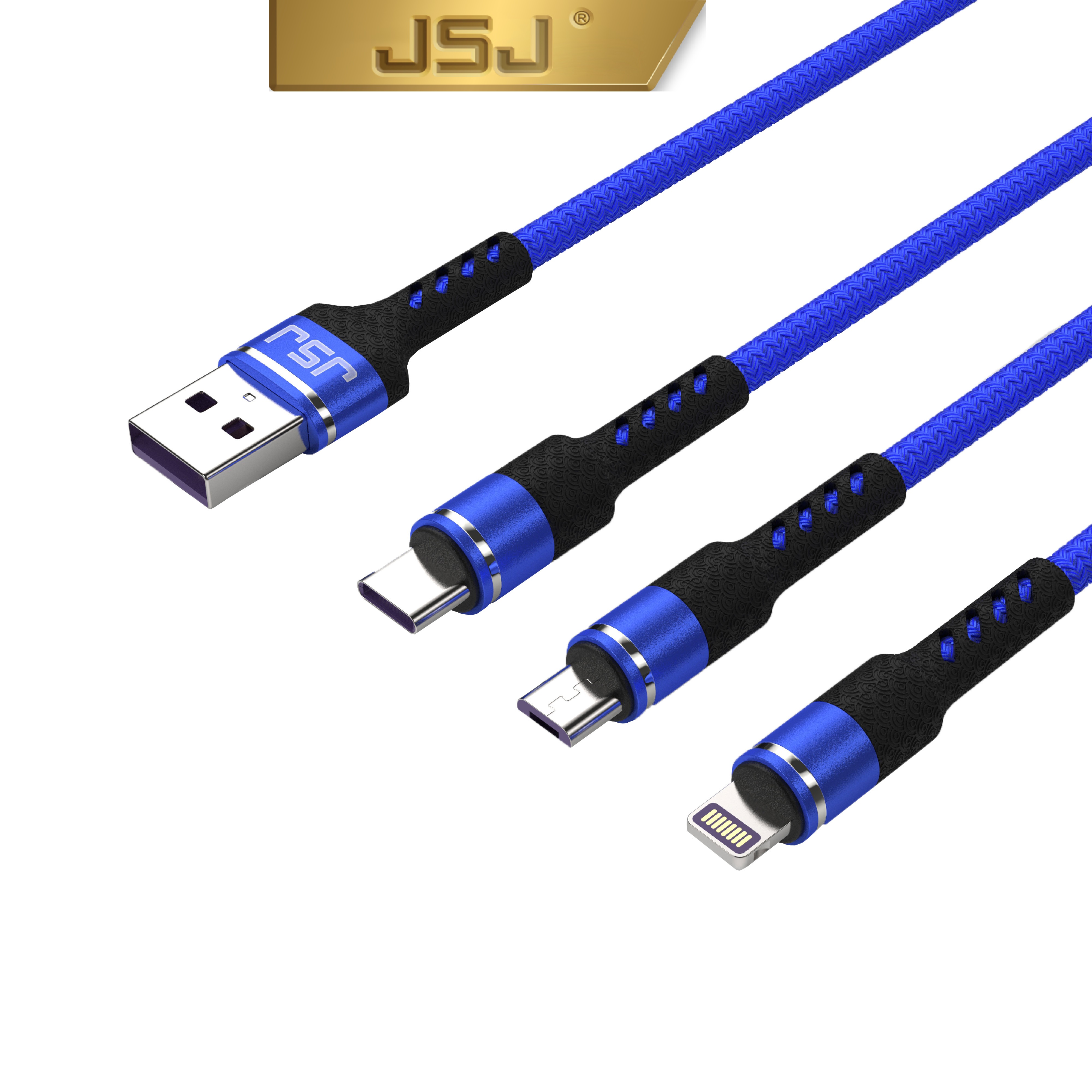 Cáp sạc nhanh 3 đầu (Type-C Micro USB Lightning) 3.0A JSJ USB-233 dài 1.2m sử dung chất liệu vải dù mềm phân đuôi cáp được nâng cấp và gia cố chăc chắn sạc siêu nhanh an toàn ổn định