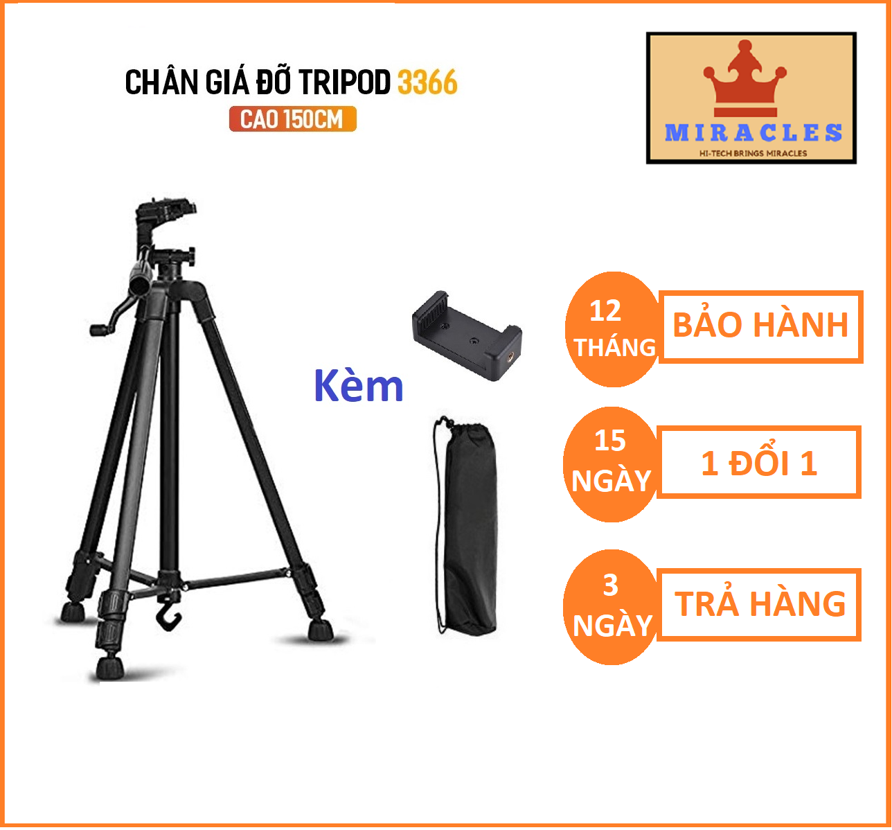 Chân giá đỡ điện thoại, máy ảnh Tripod 3366 kèm Kẹp Điện Thoại và Túi Đựng