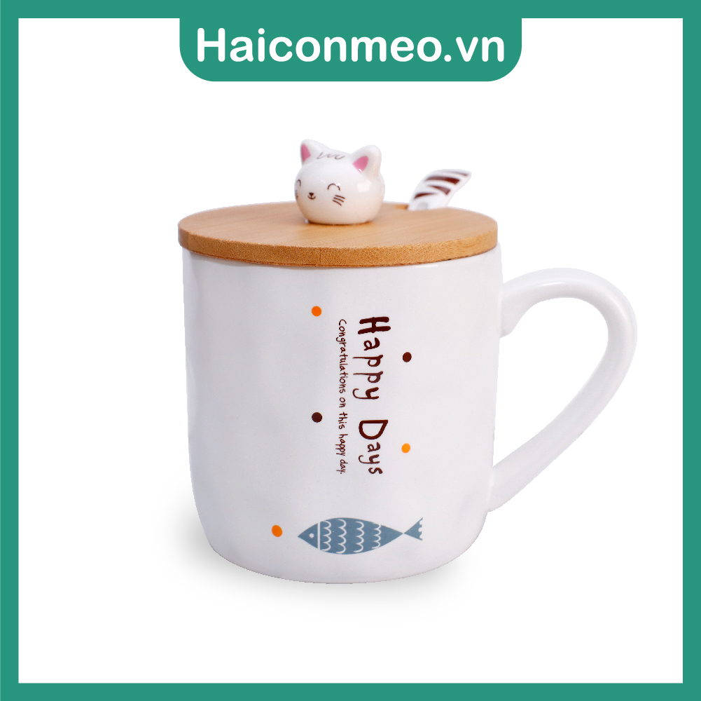 Ly cốc gốm sứ quà tặng hình mèo cá Happy Day có nắp đậy, kèm thìa 350ml