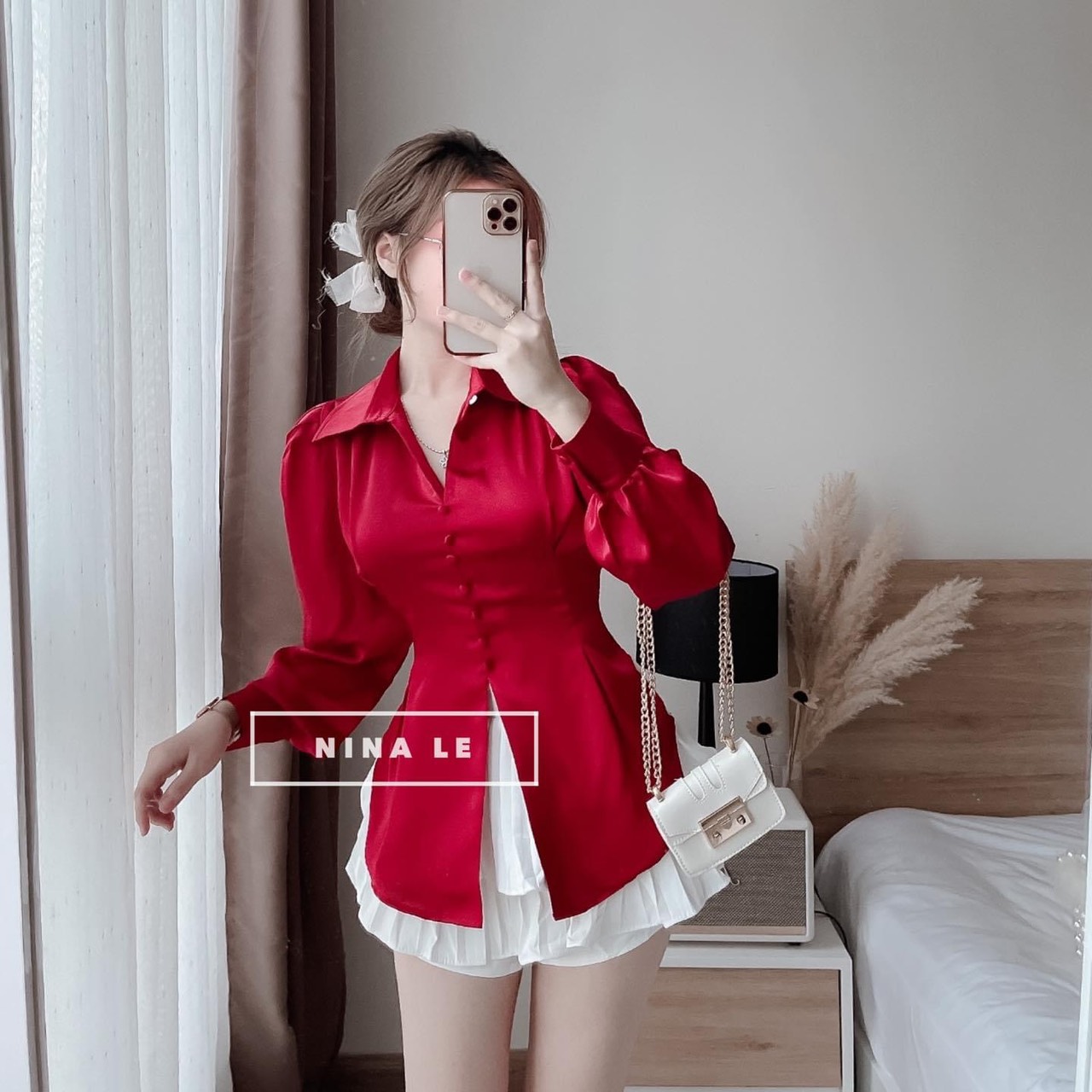 Sét bộ nữ đi chơi sét đồ nữ áo sơ mi tay phồng thắt nơ lưng và chân váy ngắn xinh xắn dễ thương thời trang THIA House