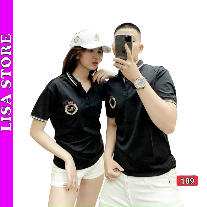 Áo polo cặp nam nữ màu đen logo thêu chất thun cotton thoáng mát cổ bẻ thời trang Lisastore - TCSATCBN109