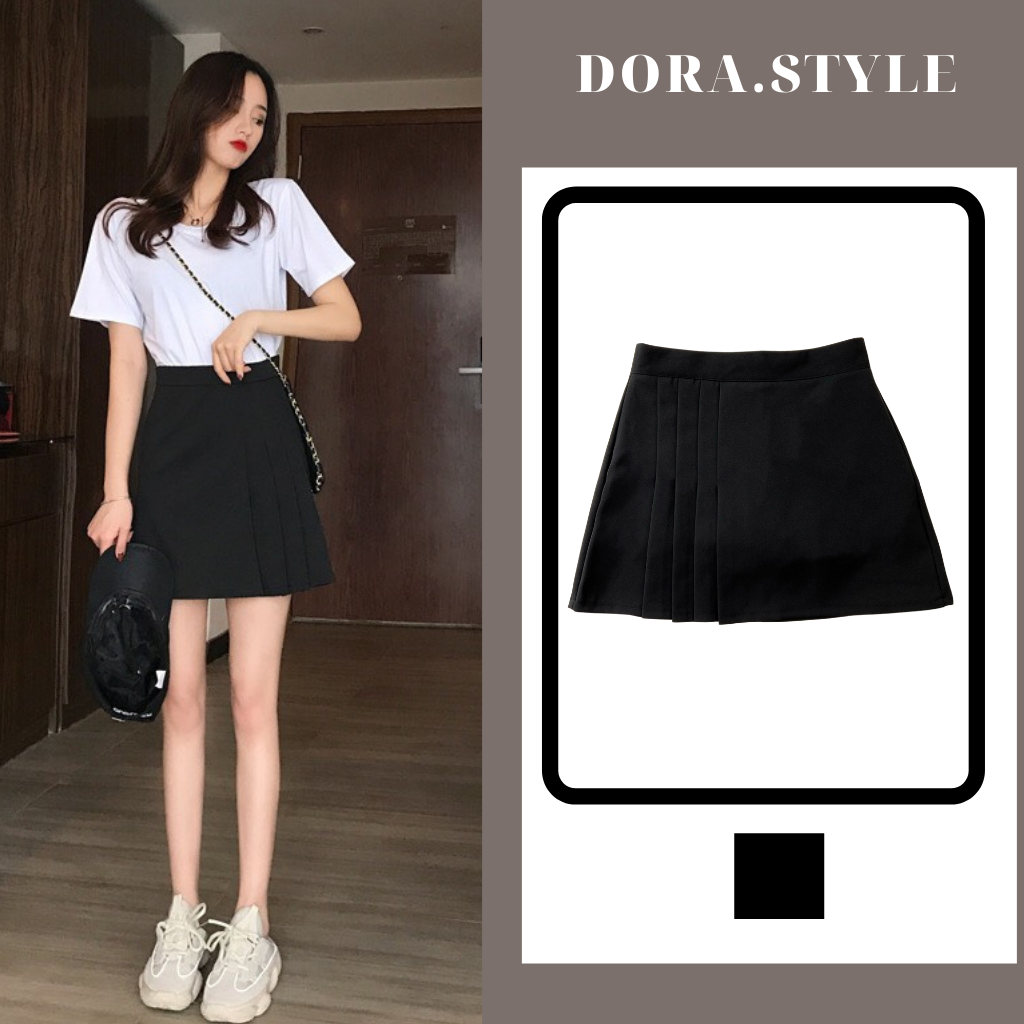 Chân váy chữ A xếp ly dáng ngắn Dorastyle, khóa sau hình giọt lệ chất liệu tuyết mưa đứng dáng có lớp lót trong phom từ 40kg đến 60kg