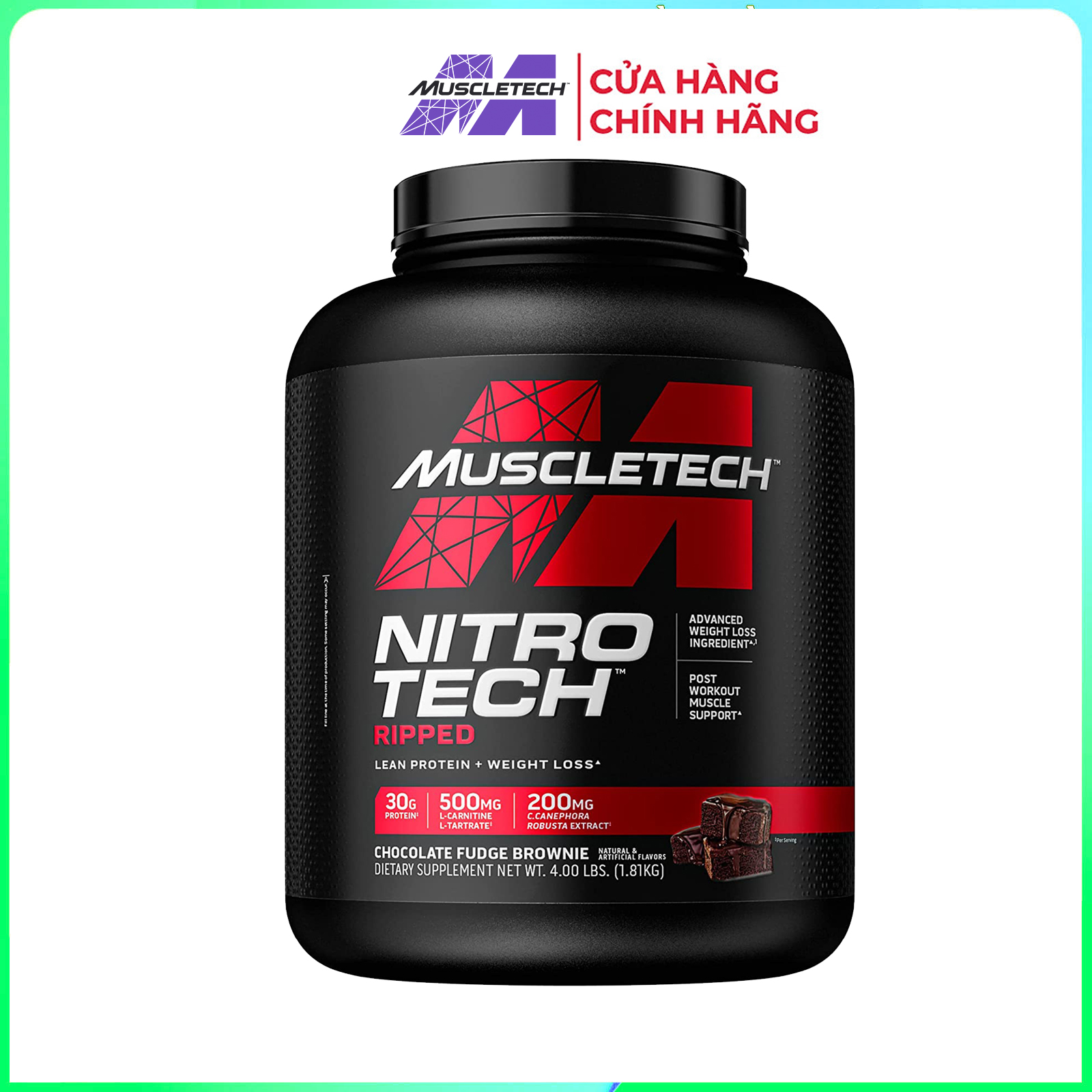 Sữa tăng cơ giảm mỡ Nitro tech RIPPED của Muscletech hương Chocolate hộp 1.8kg hỗ trợ tăng cơ giảm cân đốt mỡ cao cấp