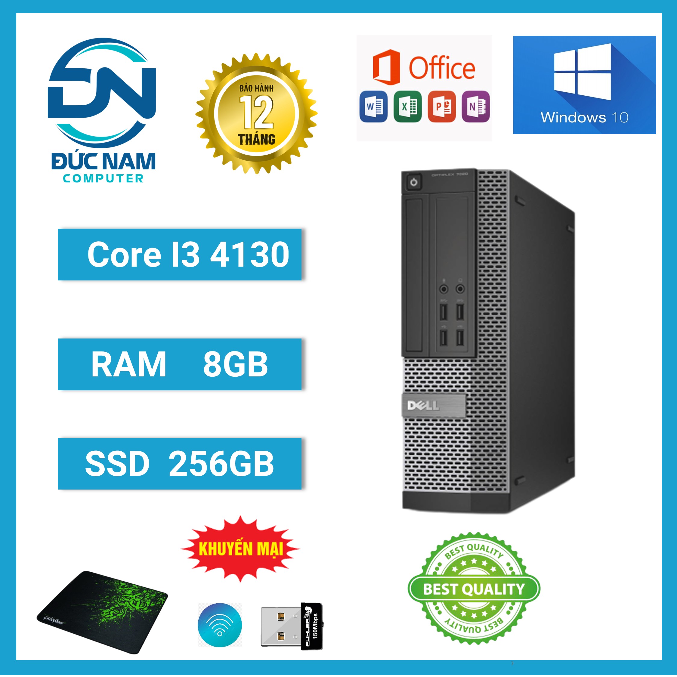 THÙNG MÁY TÍNH ĐỂ BÀN DELL OPTIPLEX 9020/7020/3020 (Core I3 4130- Ram 8GB - SSD 256GB ) - QUÀ TẶNG USB Thu WIFI và Bàn Di Chuột!