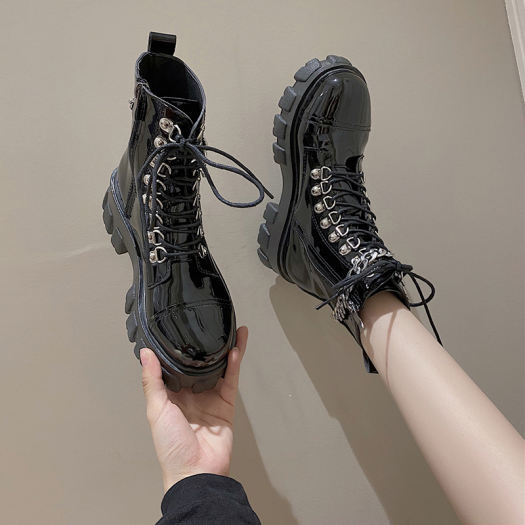 Anh Đầu Máy Buộc Dây Dr. Martens Nữ Phong Cách Retro Bốt Kỵ Sĩ 2020 Mẫu Mới Lớp Da Bóng Đế Thô Đế Dày Ins Bốt Ngắn