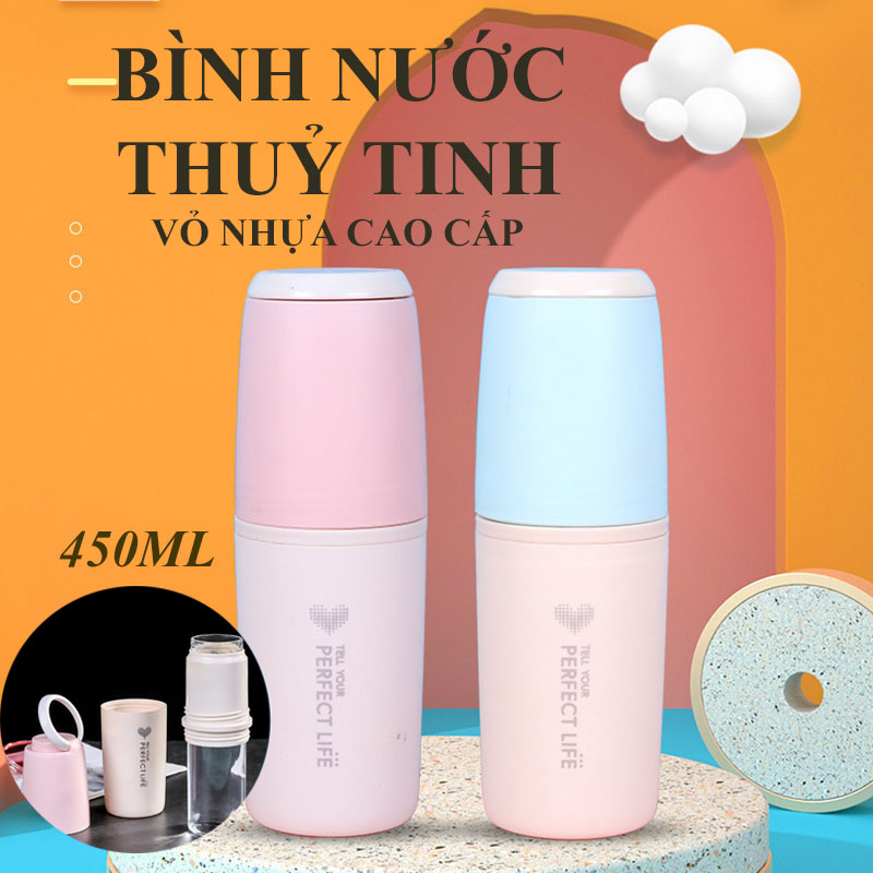 Bình đựng nước thủy tinh có vỏ bọc nhựa cao cấp 450 ml