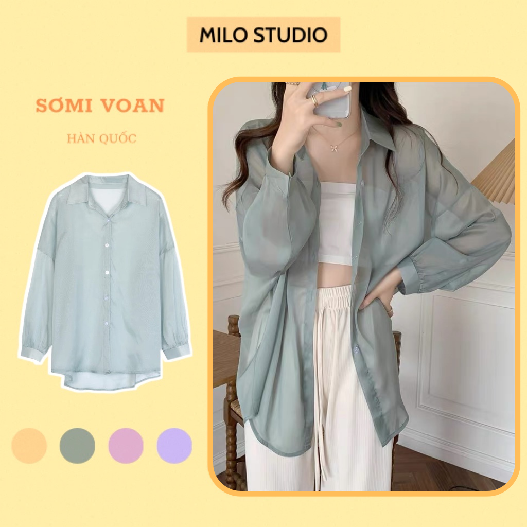 Áo sơ mi nữ dài tay voan mỏng khoác ngoài đi biển oversize nhiều màu, áo khoác đi biển voan tơ giấy trong suốt