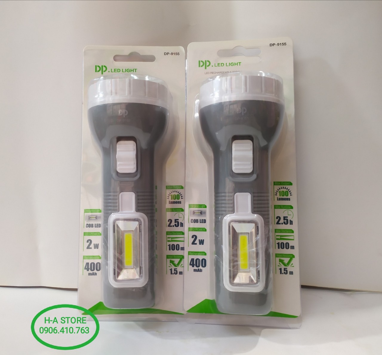 Đèn pin sạc dp 9155 cầm tay bên hông đèn có led cob