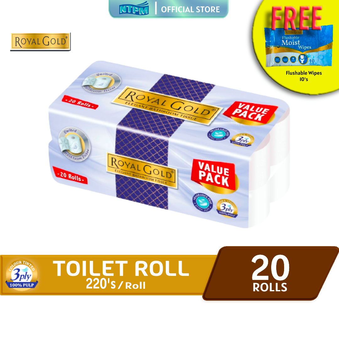 Royal Gold Elegent Toilet Roll 220 sheets x 20 rolls - FREE Royal Gold Flushable Wipes 10's