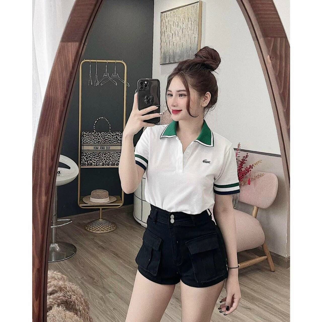 Áo polo nữ trắng cổ xanh, áo thun nữ polo năng động
