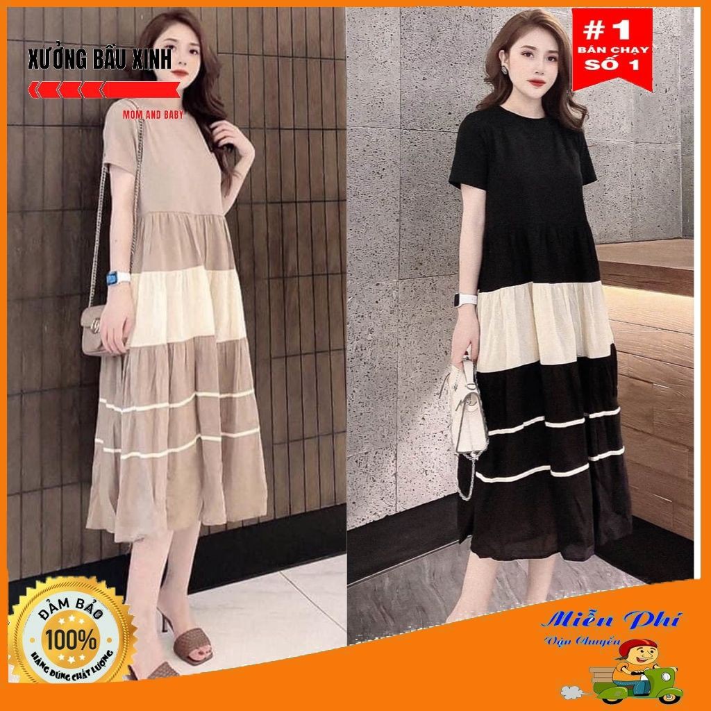 Váy bầu hè cộc tay suông a - Đầm bầu suông thời trang thiết kế xét cặp-free size 43-70kg