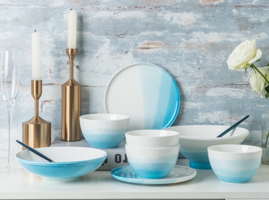 (ẢNH THẬT) Đĩa sứ tròn xanh ombre Apls phong cách Bắc Âu - Sứ cao cấp xuất khẩu không chì, hàng thủ công