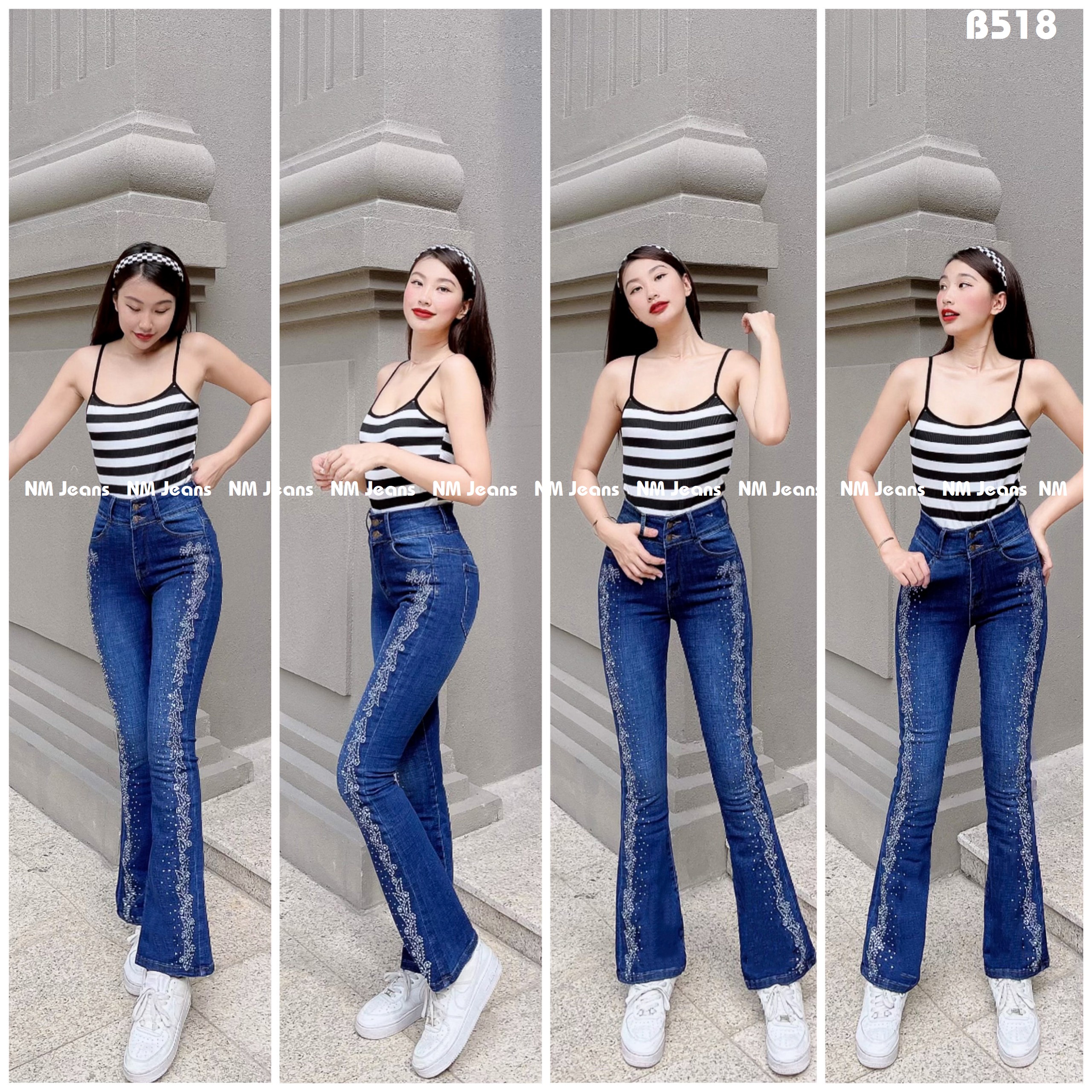 Quần jean nữ loe thêu đính đá màu xanh đậm vs B518