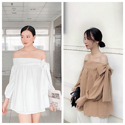 Áo trễ vai buộc nơ lệch vai chất liệu vải đũi Hàn cao cấp Madela