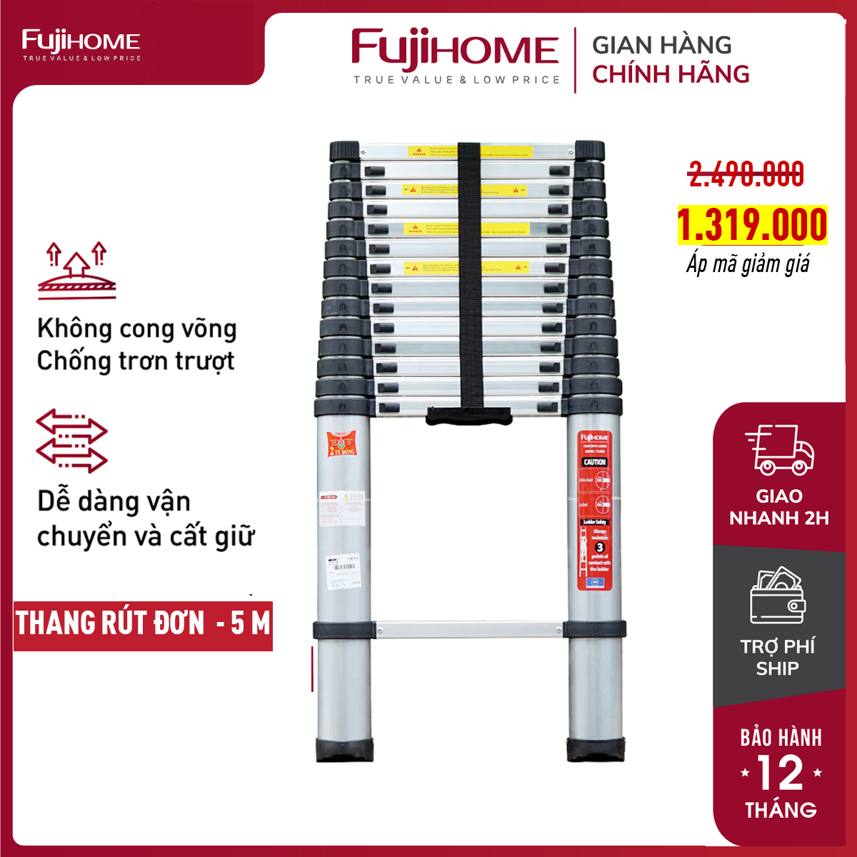 Thang nhôm rút đơn 5 mét gấp gọn nhập khẩu FUJIHOME TLI500, thang rút chữ I xếp gọn 5M, chân chống trơn trượt, khóa chốt tự động an toàn - Bảo hành 1 năm