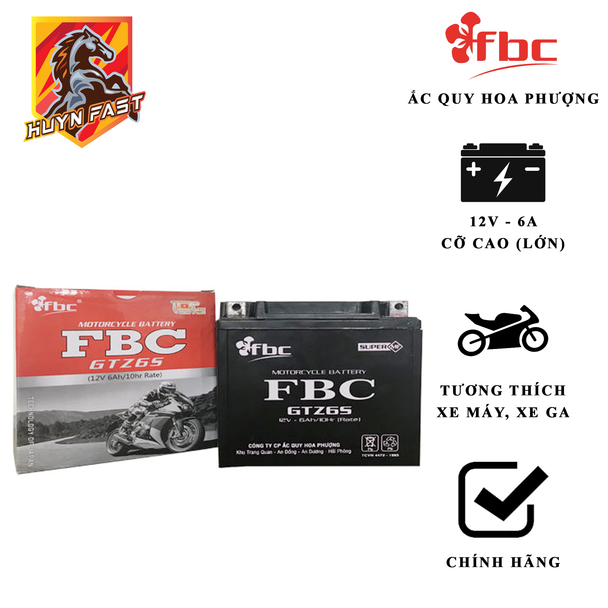 Bình Ắc Quy Hoa Phượng FBC 12V 6A GTZ 6S bình cao lớn