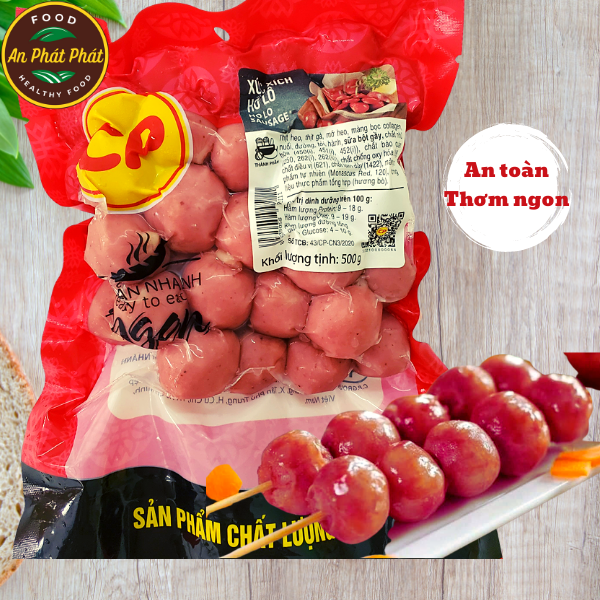 Xúc Xích Hồ Lô CP 500g, viên tròn,  dai dòn, dinh dưỡng, thơm ngon, làm từ thịt Heo, thịt Gà tươi. Ngon như lạp xưởng tươi, Ăn vặt  an toàn vệ sinh thực phẩm. Nhãn hiệu xúc xích tươi đứng đầu. Phù hợp tiệc tại nhà Ly House
