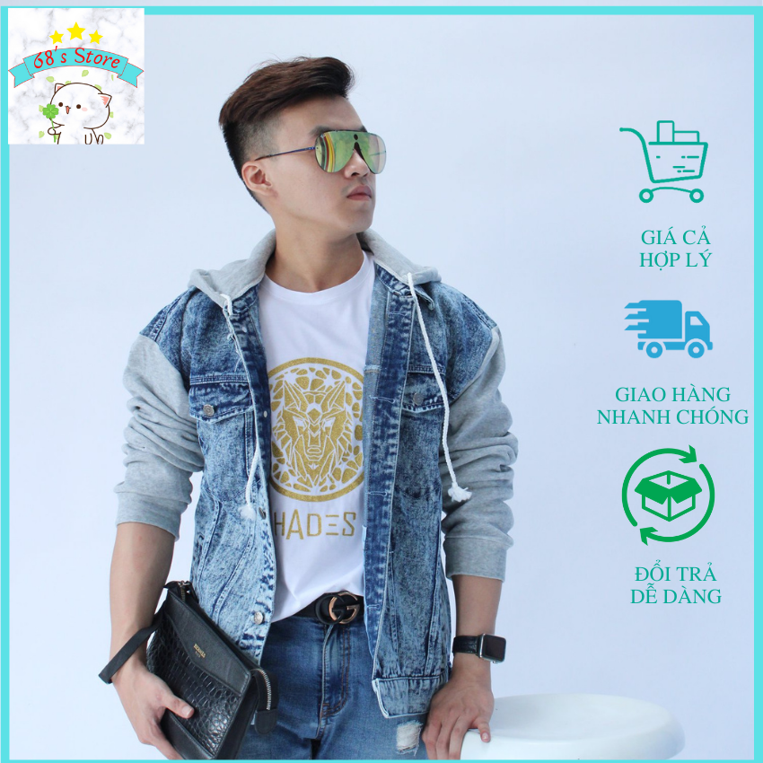 Áo khoác jean hoodie có nón unisex chống nắng mùa hè KN001 68's Store thiết kế nón và tay áo nỉ mẫu áo khoác cặp cá tính cho các cặp đôi siêu cá tính