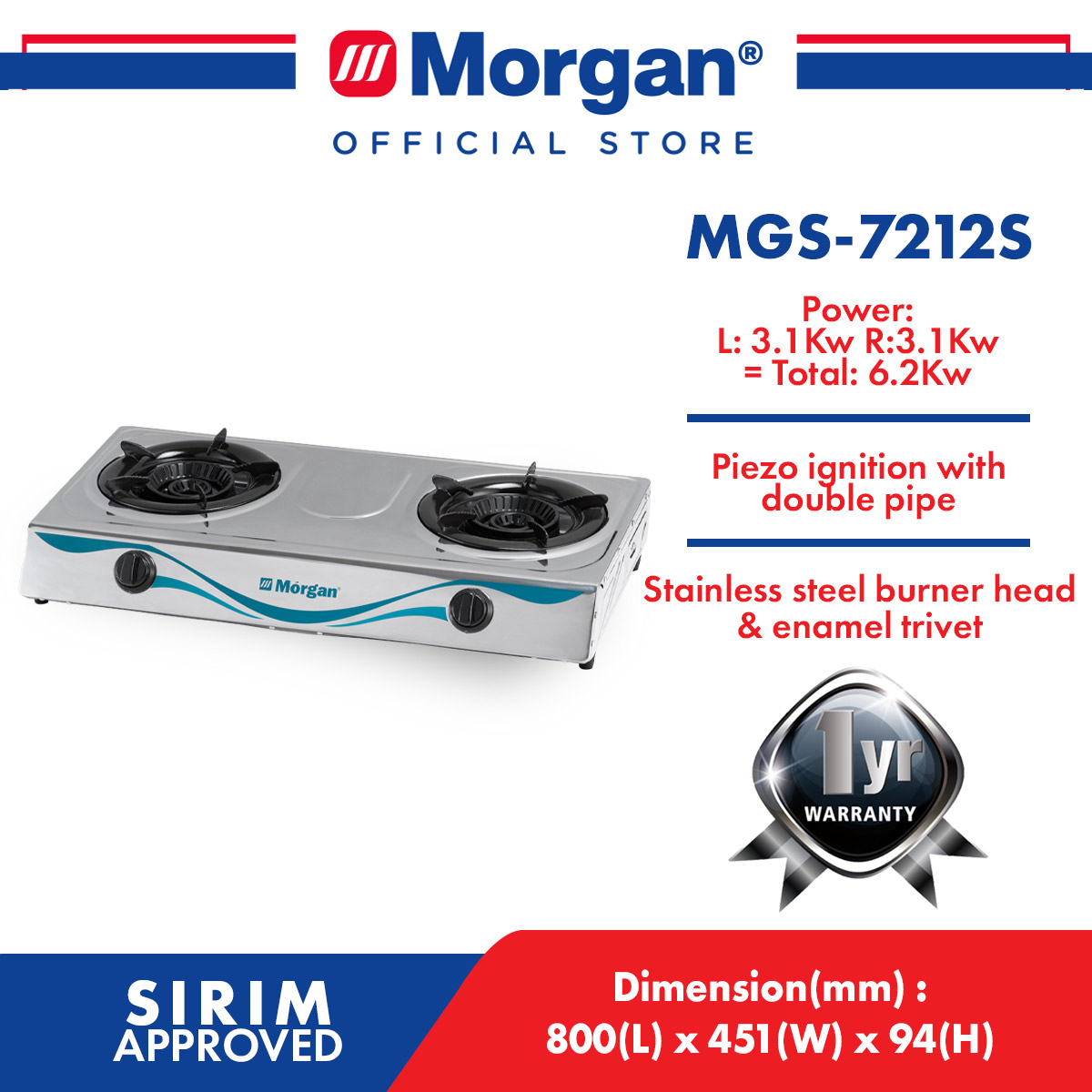 MORGAN MGS-7212S STAINLESS STEEL GAS STOVE 120X120MM