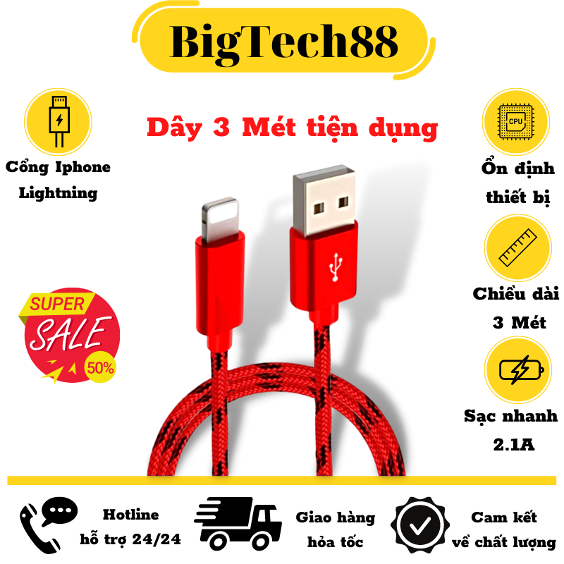 Dây sạc iphone, cáp sạc iphone, sạc nhanh bọc dù chống đứt dài 3 mét hỗ trợ truyền tải dữ liệu