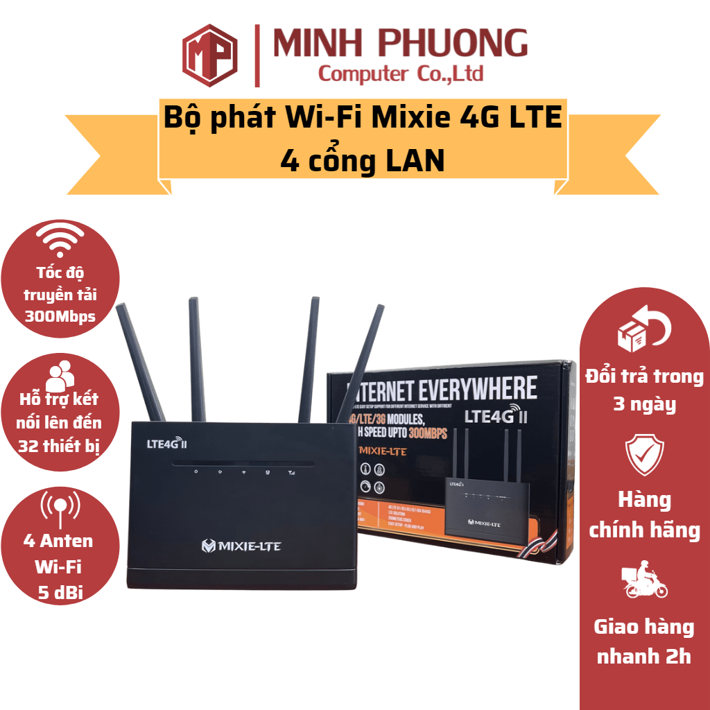 Bộ phát 3g/4g wifi mixie-lte 4g - thương hiệu thái lan, 4 cổng lan và 4 antena wifi