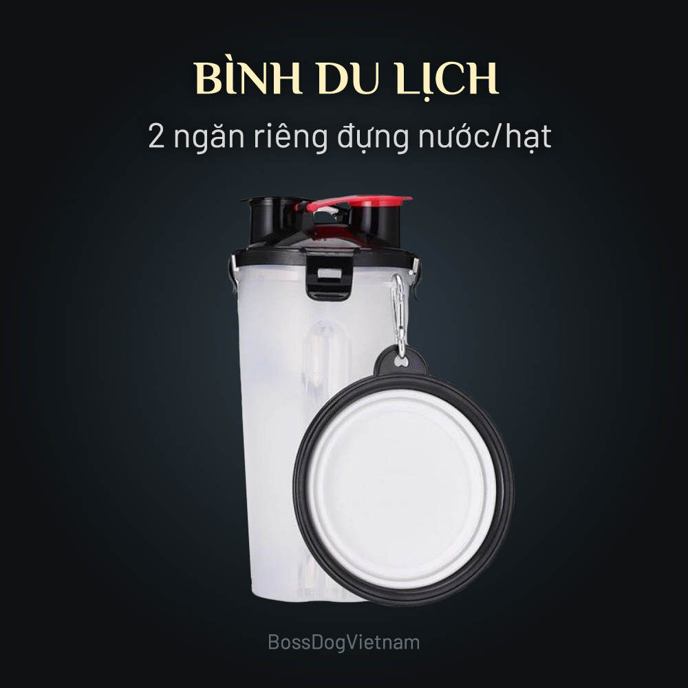 Bộ bình nước du lịch chó cưng - 2 ngăn riêng đựng Nước/Hạt BossDog