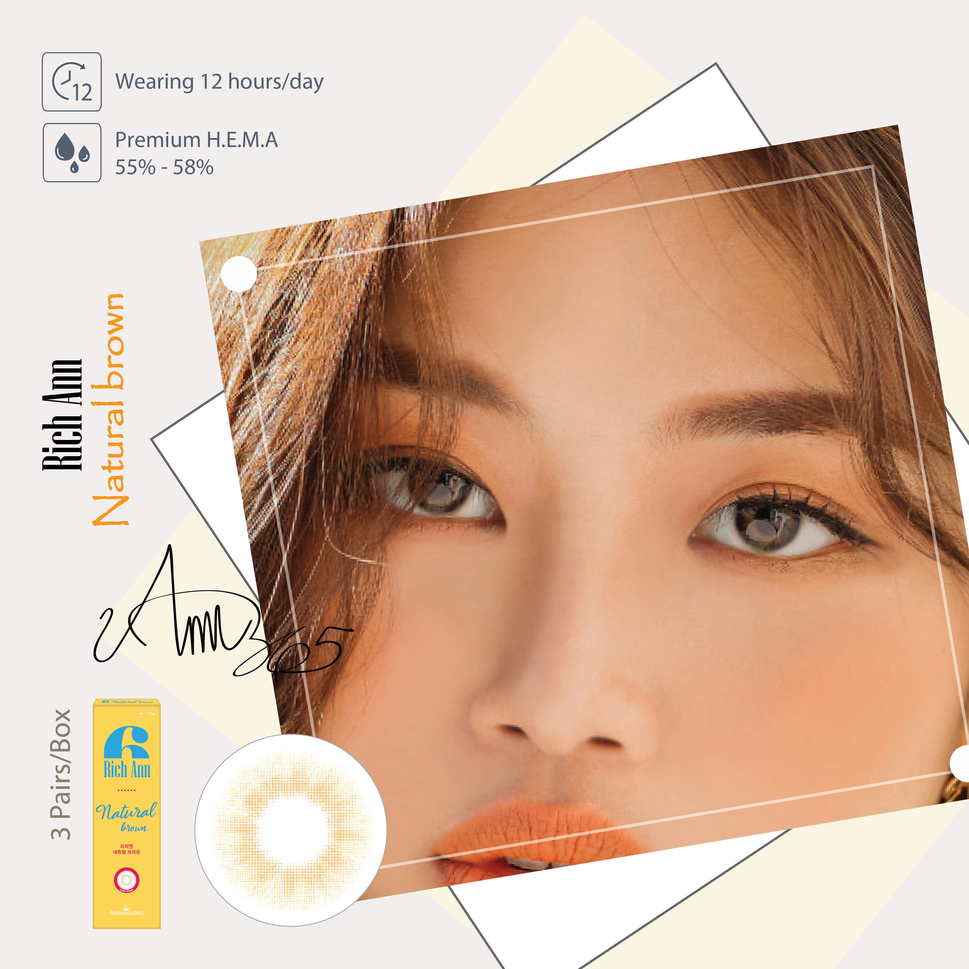 [1 HỘP] Kính Áp Tròng Cận Thị Màu Nâu Rich Ann Natural Brown Lens Mắt Đẹp Hàn Quốc Sử Dụng Cho Mắt Nhạy Cảm - Lens Ann 365 Việt Nam